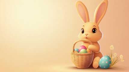 Fototapeta premium Cute Bunny Holding Easter Basket with Colorful Eggs for Holiday Season