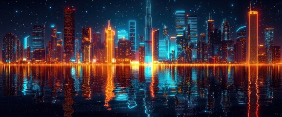 Naklejka premium Futuristic city skyline at night with vibrant neon lights reflected on water