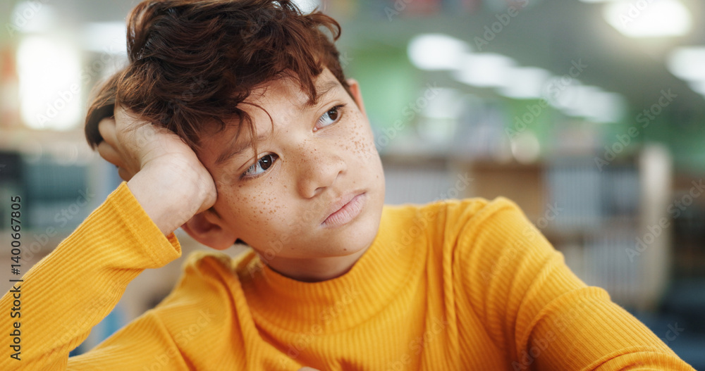 Aufkleber Thinking, child and student in library for education planning, ideas and study of learning solution. Bored, boy and lazy kid with thoughts for curriculum decision, problem solving and exam reflection