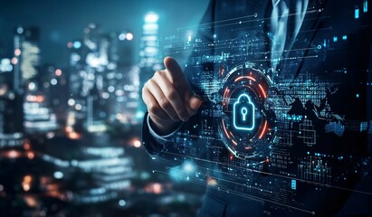 Man in suit touches digital lock icon with city skyline background.