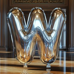 Shiny Silver Balloon Letter W in Elegantly Decorated Room