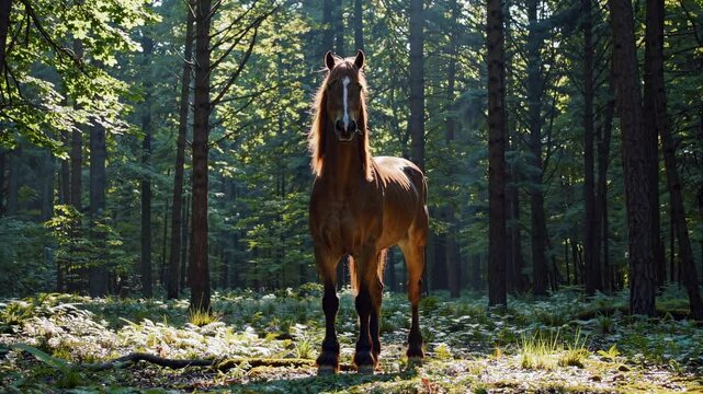 A majestic horse stands in a sunlit forest, captured from a low-angle shot, emphasizing its strength and grace. Ideal for a nature-themed video.Live desktop wallpaper.