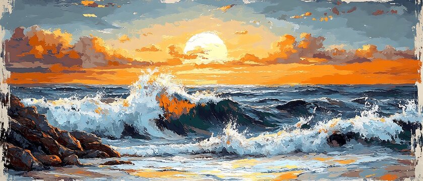 Rocky coastline with crashing waves at sunset, warm golden light reflecting on the wet rocks, subtle brushstrokes emphasizing the power of the ocean. - Powered by Adobe