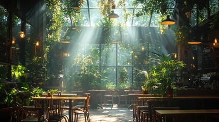 Sunlight streams through lush indoor cafe