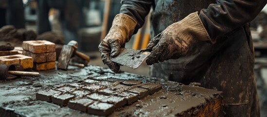 Craftsman shaping clay bricks in workshop