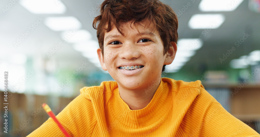 Aufkleber Boy, happy and child with learning at library with math, study or problem solving for development. Kid, smile and portrait with education, assessment or school project with scholarship in Colombia