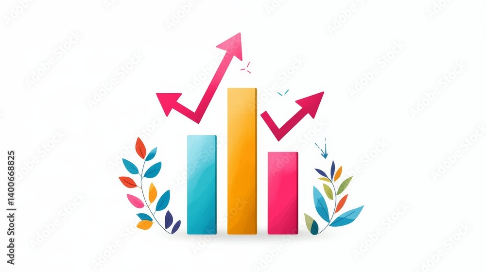 Poster flat design bar graph featuring upward arrows and floral motifs on a light background