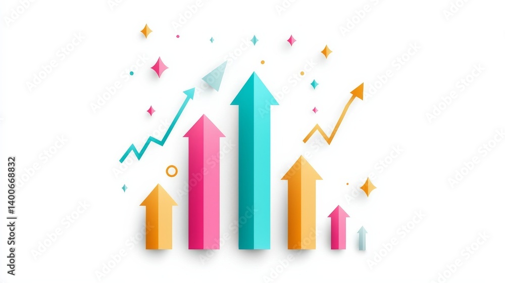 Poster flat design bar graph with colorful upward arrows and geometric shapes on white background