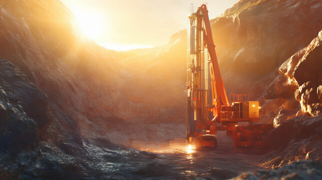 Mining drill pile driver at the mine silhouette. Core land drilling, drilling rig at a mining exploration site in a large excavation or cave deep quarry. Tunnel boring machinery, rock drilling machine