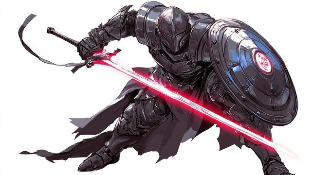 Dark knight in full armor wielding glowing sword and shield.