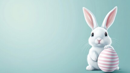 Obraz premium Cute White Easter Bunny Holding Striped Egg on Pastel Background