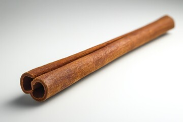 A single brown cinnamon stick shown close up isolated