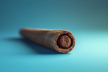 A single brown cinnamon stick resting on a blue surface
