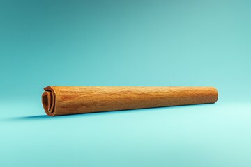 A single cinnamon stick resting on a clear blue background