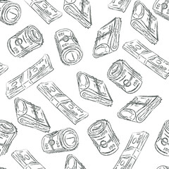 Money seamless pattern with 100 US dollar bills on white background. Falling, flying rolled up dollar notes, stacks, wads. Grunge style.