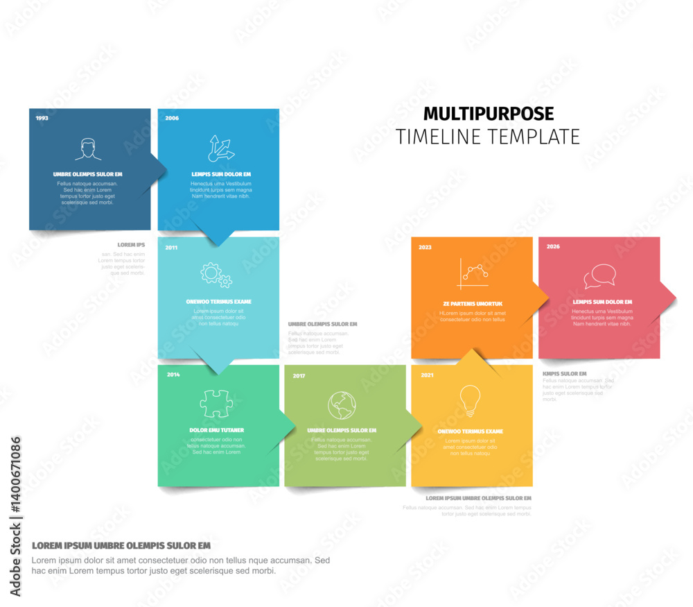 Poster colorful multipurpose timeline template made from color square content blocks. simple eight steps ti