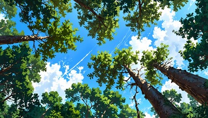 Serene Forest Canopy Contrails in Blue Sky, Anime Style