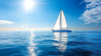Obraz premium Sailboat on a serene, sun-drenched ocean. Vast expanse of blue water, vibrant white sail, and brilliant sunshine