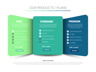 A clean and modern pricing plan comparison chart showcasing Free, Standard, and Premium packages. Each plan includes pricing details, features, and an order button.