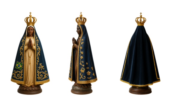 Nossa Senhora da Conceição Aparecida. Set of transparent background PNG. Various angles. Front, side and back view. Our Lady of Aparecida
