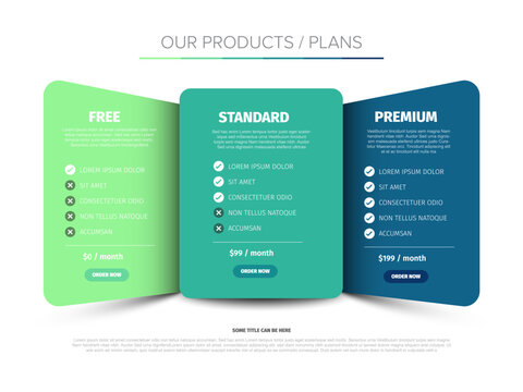A clean and modern pricing plan comparison chart showcasing Free, Standard, and Premium packages. Each plan includes pricing details, features, and an order button.
