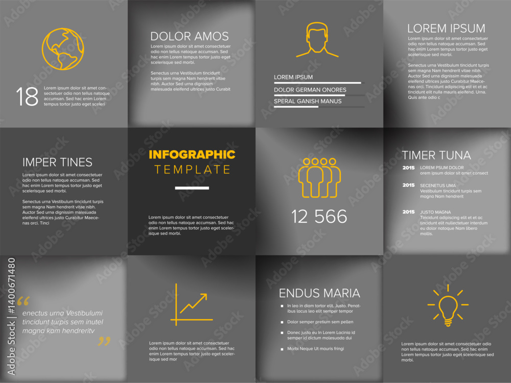 Poster a modern infographic template featuring a grid layout with text boxes, icons, and statistics and yel