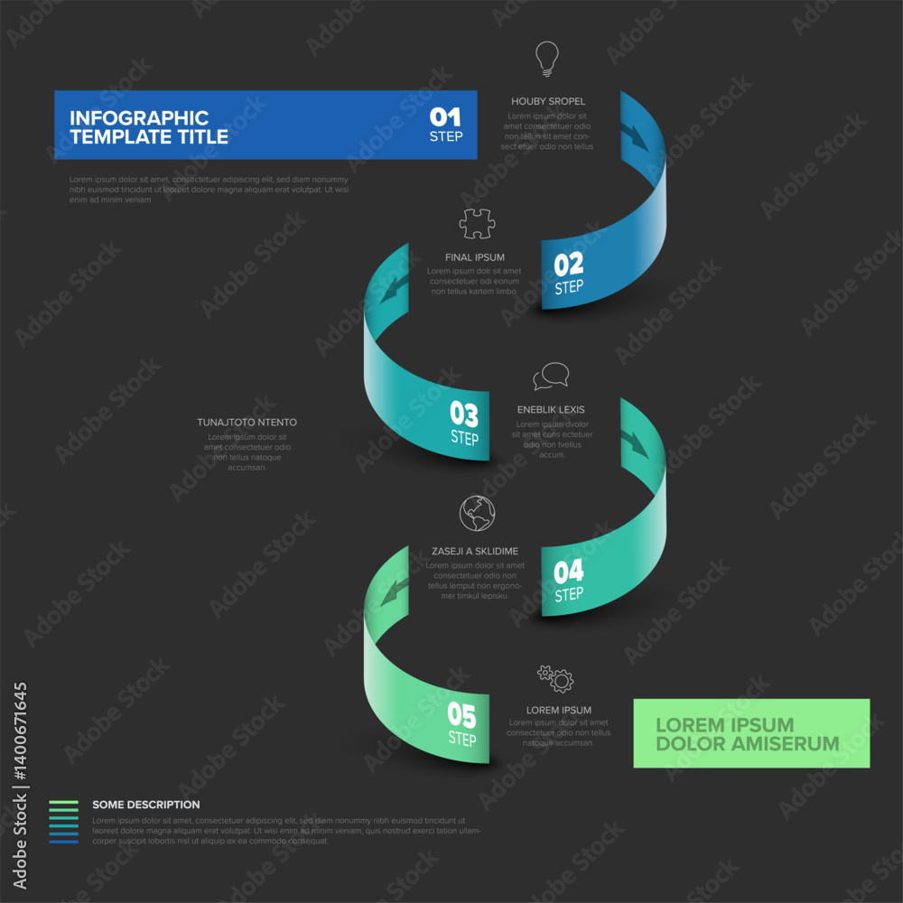Poster a vibrant ribbon infographic with five steps and icons, featuring blue to green segments on dark bac