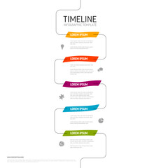 A vertical timeline infographic template with five vibrant sections in orange, red, purple, blue, and green. Each section includes a title, placeholder text, and icons for clarity.