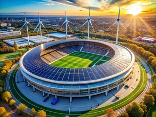 Aerial View: Smart Grid System & Renewable Energy Integration at Modern Stadium