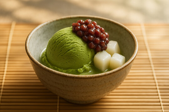 抹茶アイスに小豆と餅を添えた和風デザートの美しい一皿