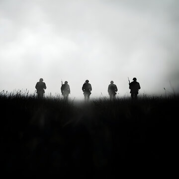 A mysterious fog rolling in over an old battlefield, with the faint outlines of forgotten soldiers&rsquo; silhouettes.

