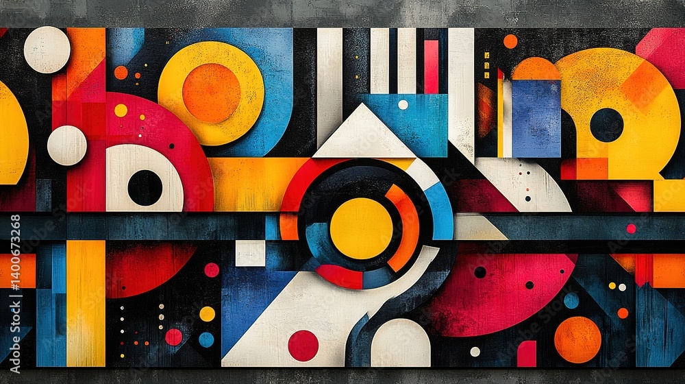 Poster striking abstract composition featuring geometric shapes and bold color palette