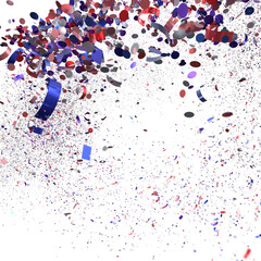 Celebrate with this festive image of red, blue, and silver confetti exploding on white background.
