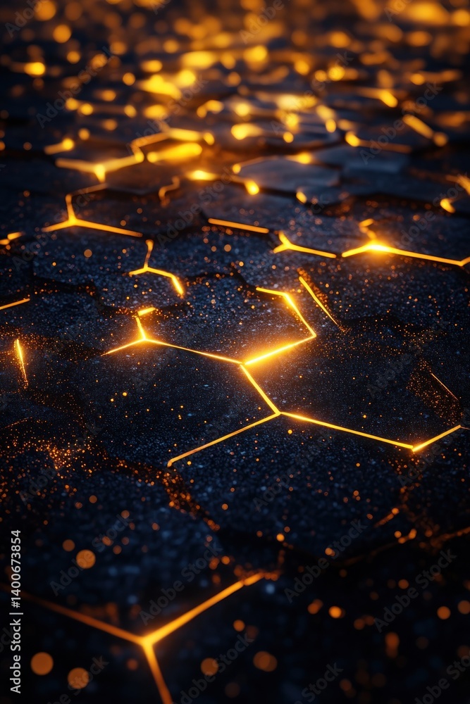 Poster glowing hexagonal patterns on dark surface at night