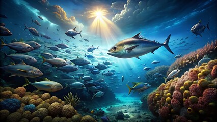 Fototapeta premium Aerial View: Giant Tuna School over Vibrant Coral Reef Ecosystem