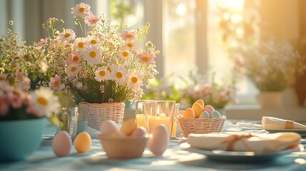 Paper-cut style Easter breakfast table set with folded napkins, floral centerpieces, candles in delicate holders, pastel colored eggs in small baskets,