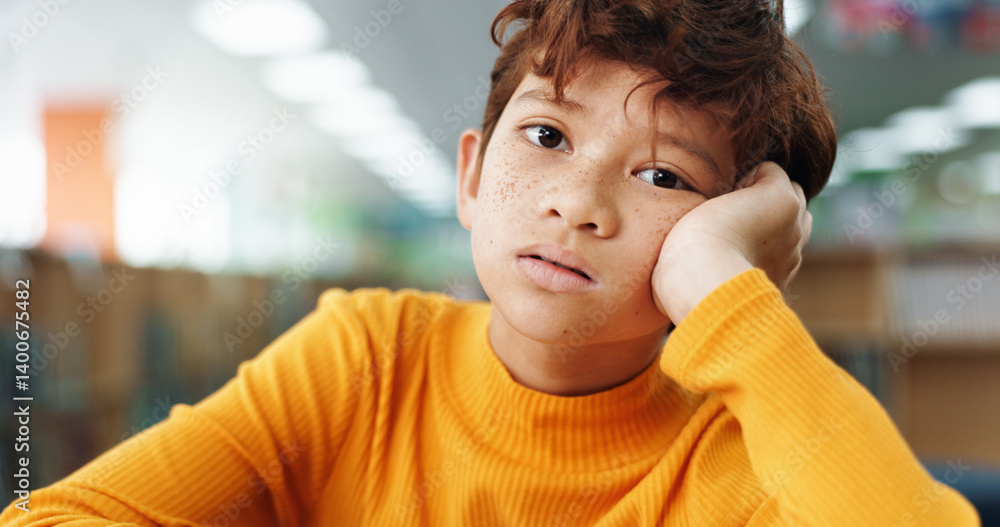 Poster Thinking, kid and student portrait in library for planning, ideas and study of learning solution. Bored, boy and lazy child with thoughts for education challenge, problem solving and exam reflection