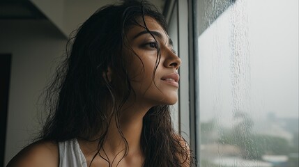 Young Indian woman in minimal makeup, wet hair, monsoon vibes, standing near a window watching the rain