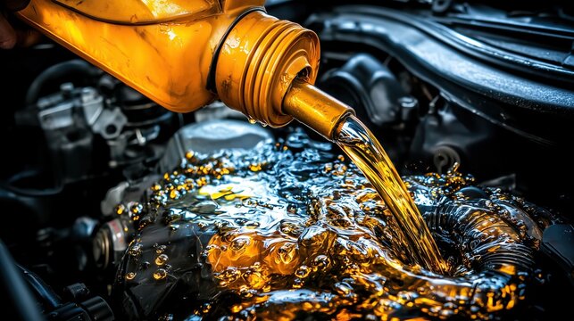 Oil change in progress: golden fluid pouring into car engine maintenance and care for vehicle longevity