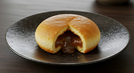 Golden Hotteok With Brown Sugar Filling On Dark Ceramic Plate