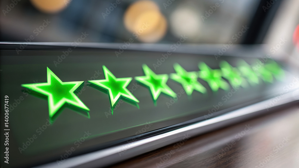 Poster bright green stars are displayed in row, symbolizing call center service concept that emphasizes qua