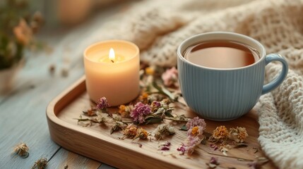 Cozy autumn scene with warm tea and candle surrounded by dried flowers on wooden tray