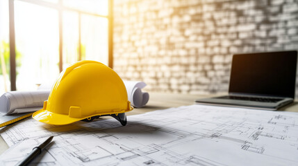 Construction estimator's desk with open blueprints, printed cost sheets, and a yellow hard hat placed beside a laptop. Morning light through the window enhances a mood of focused p
