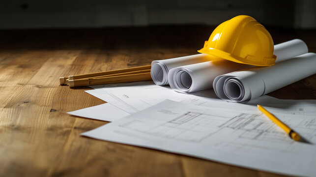 Close-up of rolled construction plans and budget documents scattered on a wooden desk. A bright yellow hard hat sits on top, symbolizing precision in project estimation.