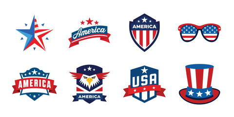 4th of July vector elements set. Collection of American Independence Day vectors, shield, banner, hat, sunglass, map collection