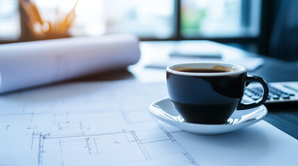 Blueprints partially unrolled across a desk with a cup of coffee, calculator, and structural sketches. The setup radiates planning energy in a construction office.