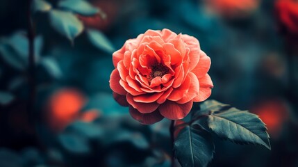 Close-up of vibrant red rose blooming amidst lush foliage