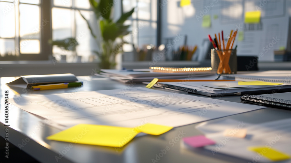 Aufkleber digital and paper construction estimates spread across a large desk, surrounded by highlighters, sti