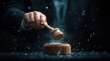 Judge's gavel strikes, dramatic effect