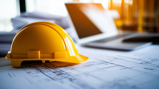 Architectural blueprints and printed job quotes form a meticulous grid on a well-lit desk. A yellow hard hat sits beside a half-opened laptop, symbolizing construction foresight.